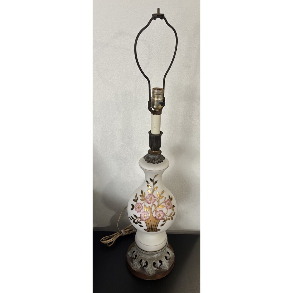Antique West Germany Satin Glass Lamp Hand Painted Floral